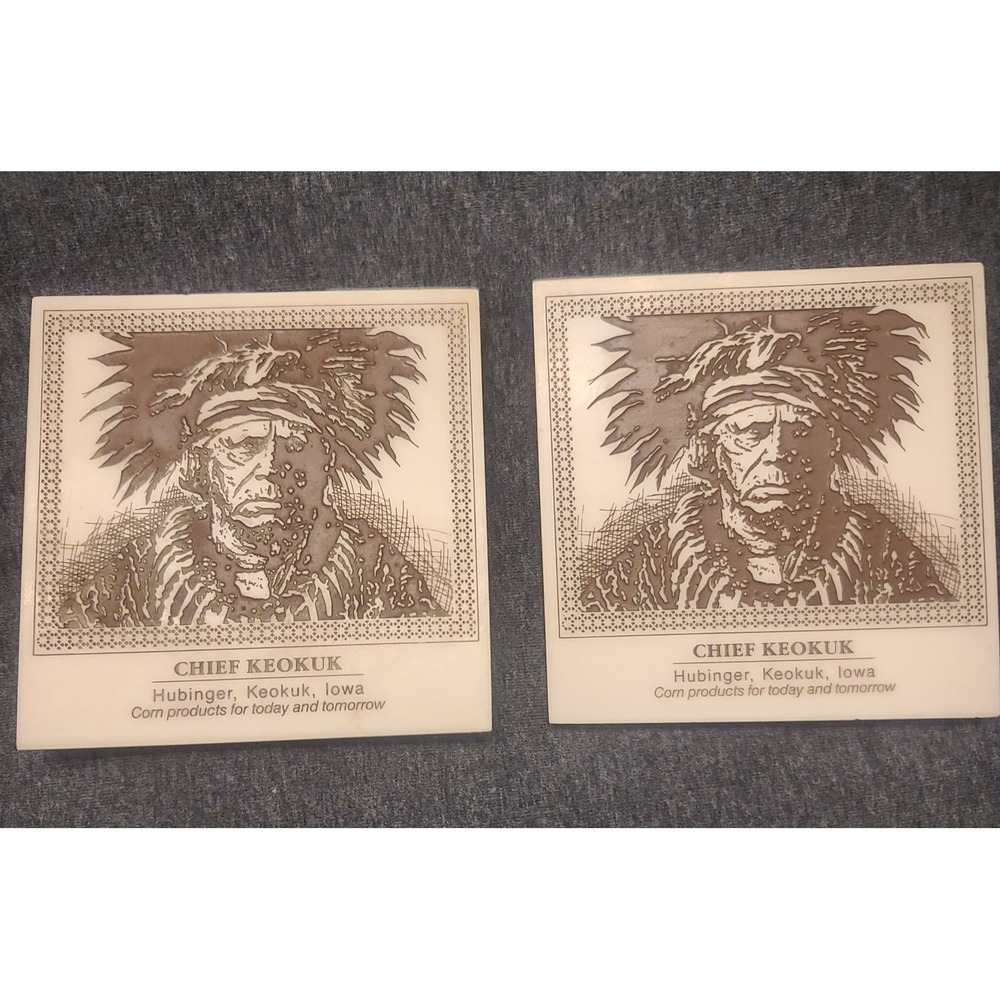 2 Vintage Chief Keokuk Hubinger indian Iowa Corn advertise 6x6 ceramic Tile 1973